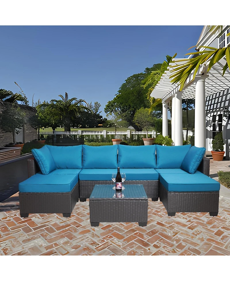 Flynama 7 Piece Pe Rattan Wicker Outdoor Garden Patio Furniture Set Cushioned Sofa and Coffee Table