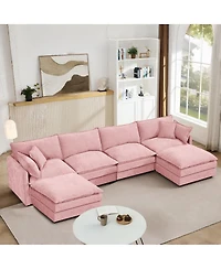Streamdale Furniture Modular U-Shaped 4-Seater Chenille Sofa with Movable Ottoman, Pink