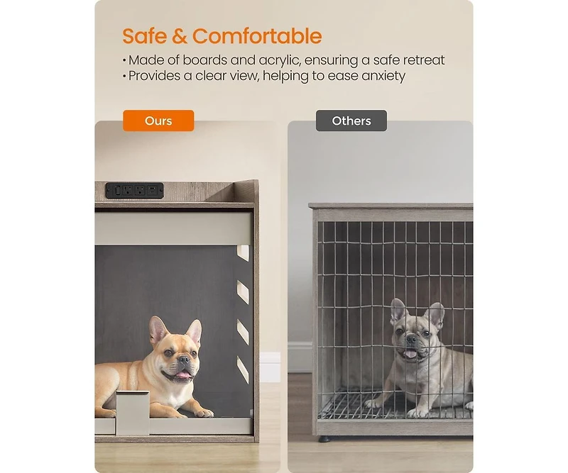 Cozito Dog Crate End Table with Charging Station, Flip-Up Acrylic Door, 2 Outlets + Usb-a/Usb-c, Up to 45 lb