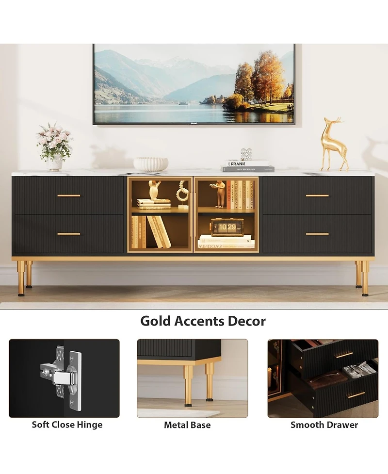 gaomon 65 Tv Stand with Led Lights, Modern Entertainment Center 4 Drawers & Shelves Glass Doors