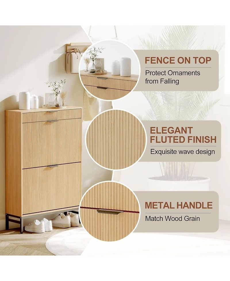 Goamon Modern White Fluted Shoe Storage Cabinet with 2 Flip Drawers & Pull-Out Drawer & Hook