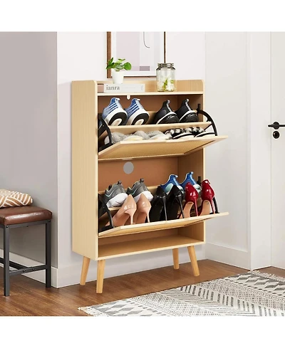 Gaomon Rattan Shoe Cabinet for Entryway, Holds 12-18 Pairs of Shoes, Anti-Tip Design for Closet
