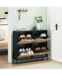 Draft - Gaomon Rattan Shoe Cabinet with Flip-Drawer Doors, 4-Door Storage with Adjustable Shelves
