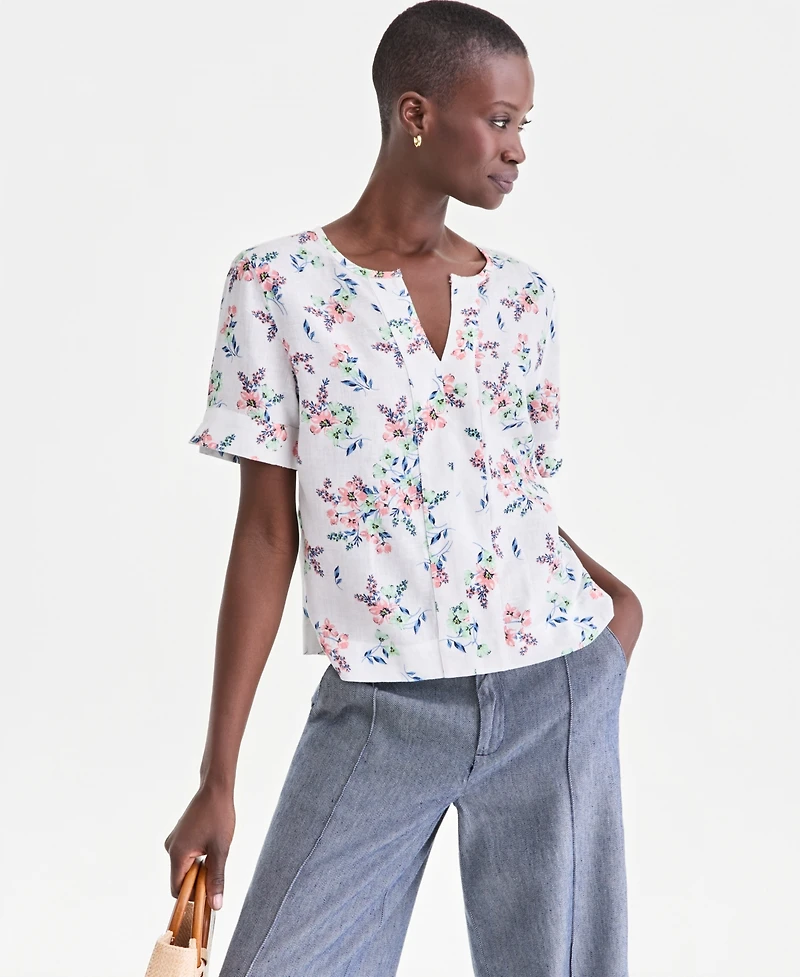 Charter Club Women's 100% Linen Split-Neck Top, Exclusively at Macy's