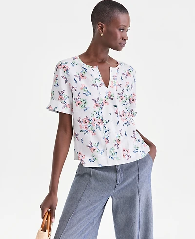 Charter Club Women's 100% Linen Split-Neck Top, Exclusively at Macy's