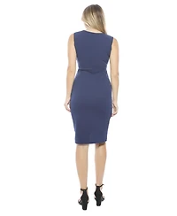 24seven Comfort Apparel Women's Solid V-Neck Sleeveless Faux Wrap Tulip Hem Midi Dress