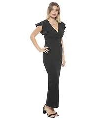 24seven Comfort Apparel Women's Solid V-Neck Tulip Hem Ruffle Sleeve Faux Wrap Maxi Dress