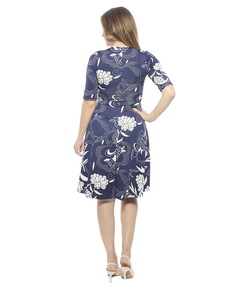 24seven Comfort Apparel Women's Floral Scoop Neck Elbow Sleeve Knee Length A-Line FlaDress