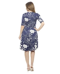 24seven Comfort Apparel Women's Floral Scoop Neck Elbow Sleeve Knee Length A-Line FlaDress