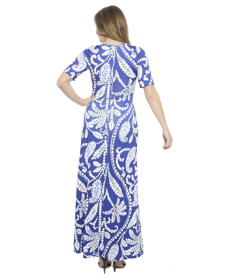 24seven Comfort Apparel Women's Paisley Scoop Neck Elbow Sleeve A-Line Maxi Dress