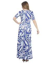 24seven Comfort Apparel Women's Paisley Scoop Neck Elbow Sleeve A-Line Maxi Dress