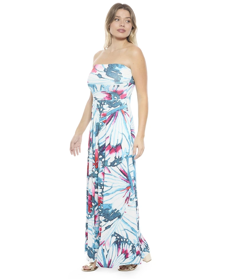 24seven Comfort Apparel Women's Butterfly A-Line Strapless Pocket Maxi Dress