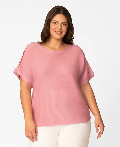 Melissa Paige Plus Size Vertical Rib Button Short-Sleeve Sweater, Macy's Exclusive