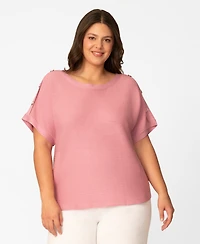 Melissa Paige Plus Size Vertical Rib Button Short-Sleeve Sweater, Macy's Exclusive