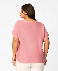 Melissa Paige Plus Size Vertical Rib Button Short-Sleeve Sweater, Macy's Exclusive