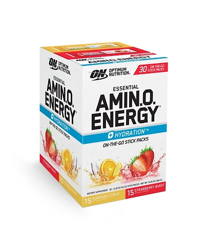 Optimum Nutrition Essential Amino Energy Plus Electrolytes Stick Packs, Energy Powder, Surfside Citrus and Strawberry Burst, 30 Count