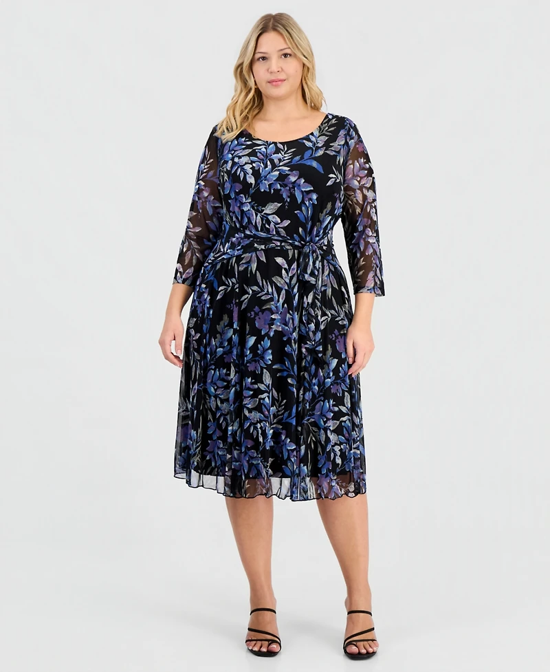 Connected Plus Printed Chiffon Tie-Waist Dress