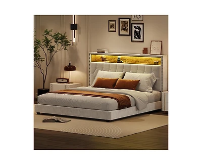 Gaomon Full Velvet Upholstered Bed Frame with Storage Headboard and Built-in Charging Station, Smart Led Lights