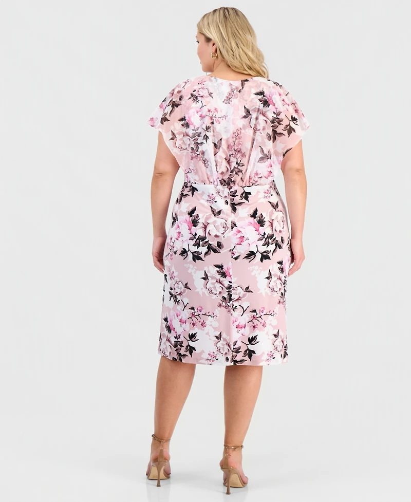 Connected Plus Floral-Print Overlay A-Line Dress