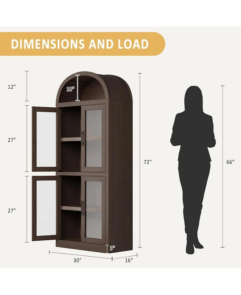 gaomon 71.6" Arched Display Cabinet, 5-Tier Arched Bookcase with Glass Doors, Bookshelf, Kitchen Pantry, Modern Fluted Wooden Storage
