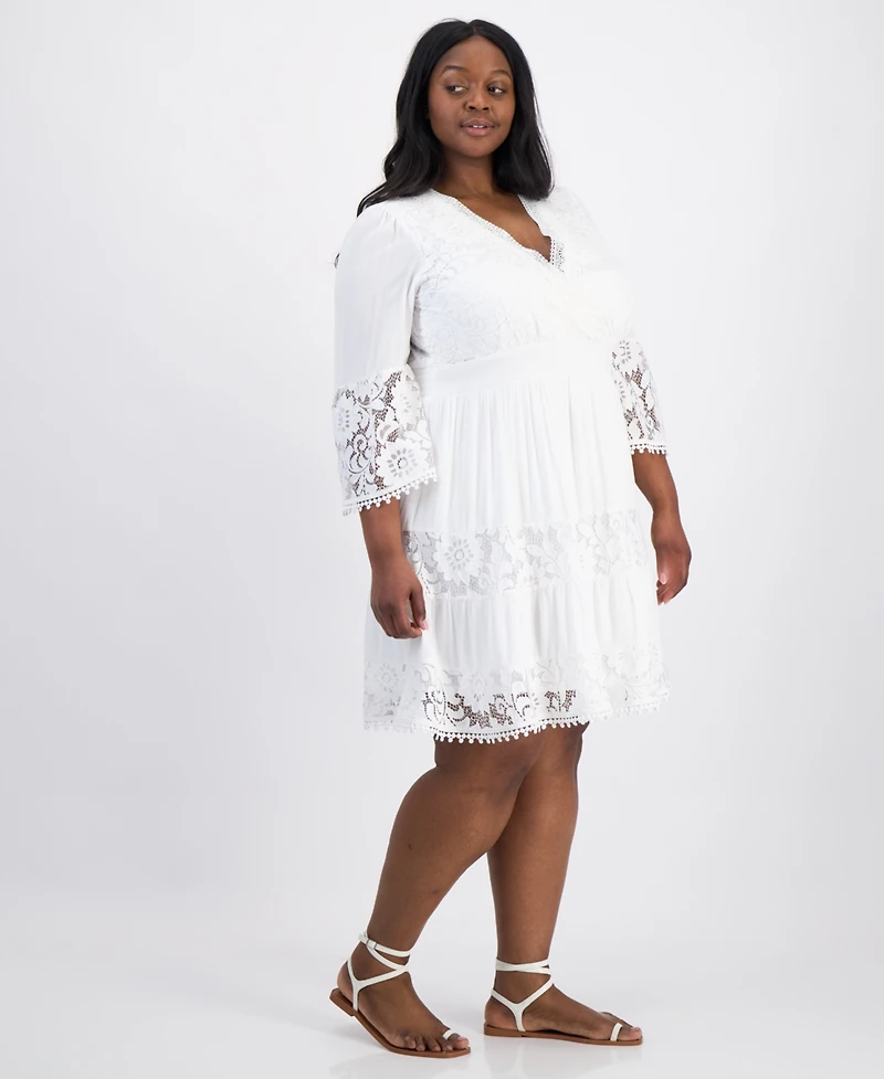 Robbie Bee Plus Lace-Combo 3/4-Sleeve Dress