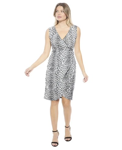 24seven Comfort Apparel Women's Cheetah V-Neck Sleeveless Faux Wrap Tulip Hem Midi Dress