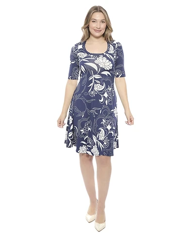 24seven Comfort Apparel Women's Floral Scoop Neck Elbow Sleeve Knee Length A-Line FlaDress