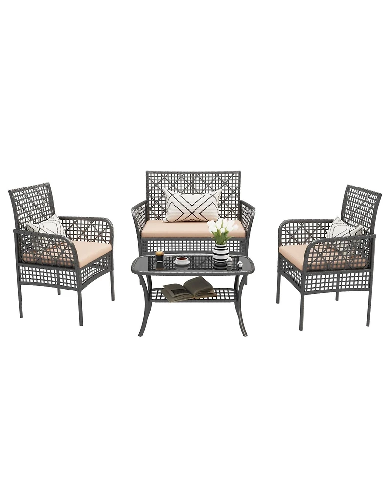 Flynama 4 Piece Outdoor Patio Pe Rattan Conversation Set with Tempered Glass Table Soft Cushions for Backyard Pool Lawn