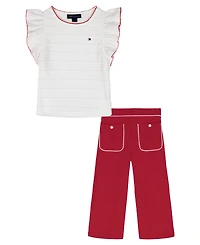Tommy Hilfiger Toddler Girls' 2T-4T Crochet Trim Striped Top & Patch Pocket Wide Leg Pants, 2-Piece Set
