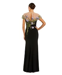 Mac Duggal Petite Jersey Floral Embroidered Illusion Neck Gown