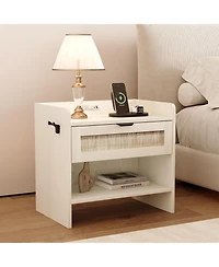 gaomon 1PC Rattan Nightstand, 1-Drawer Bedside Table with Type-c Charging Station & Open Storage