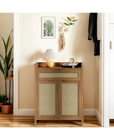 gaomon Shoe Cabinet, Wooden Storage Cabinet with Doors and Drawer, Rattan Buffet Cabinet Sideboard with Adjustable Shelf