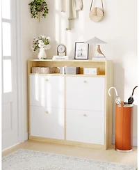 gaomon Narrow Shoe Cabinet with 4 Flip Drawers and Open Shelf, Wooden Freestanding Shoes Organizer with Shelves for Slippers,Sneakers,Heels