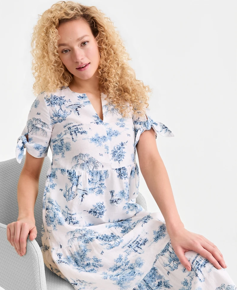 Charter Club Women's 100% Linen Printed Tiered Fit & Flare Dress, Macy's Exclusive