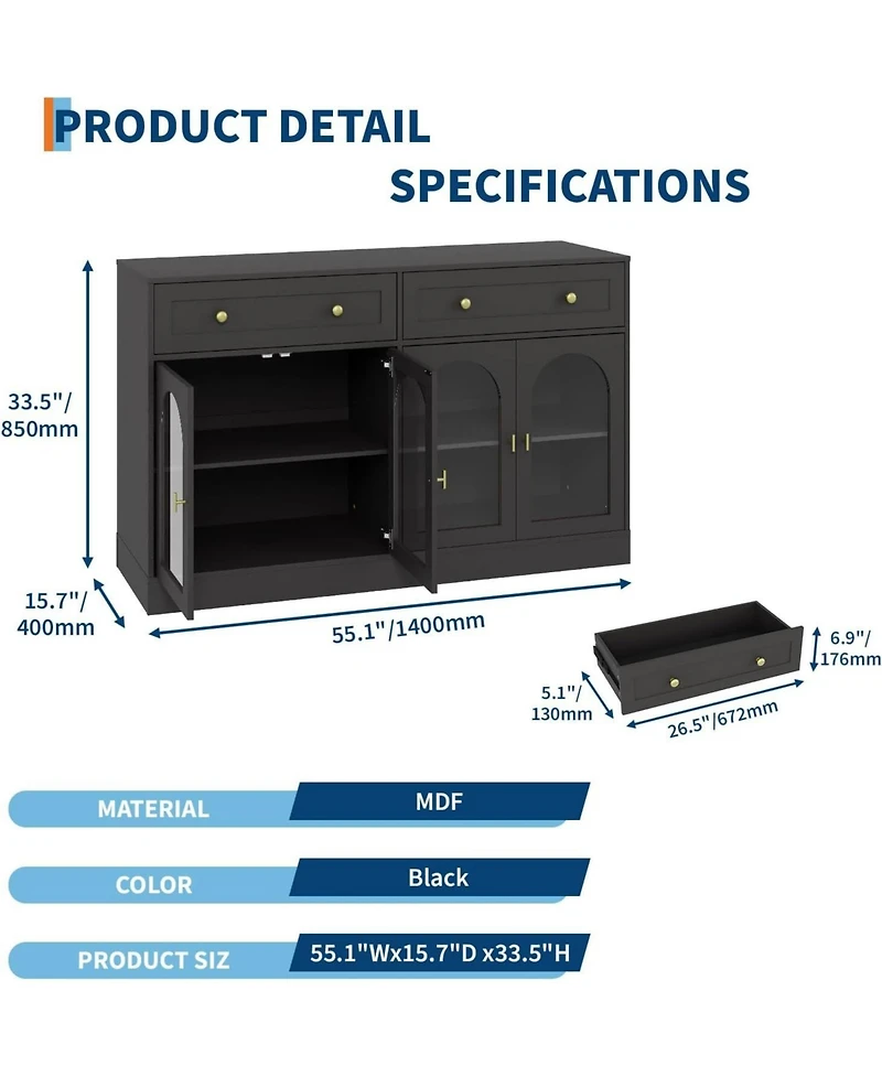gaomon 55-Inch Wide Farmhouse Sideboard Buffet Cabinet with 4 Acrylic Doors and 2 Drawers, Wooden Console Table for Kitchen or Living Room
