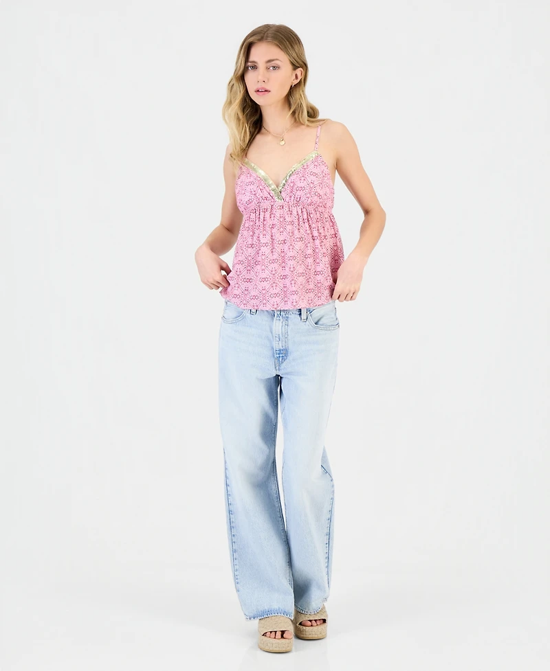 Just Polly Juniors' Sequin-Trim Printed Babydoll Tank