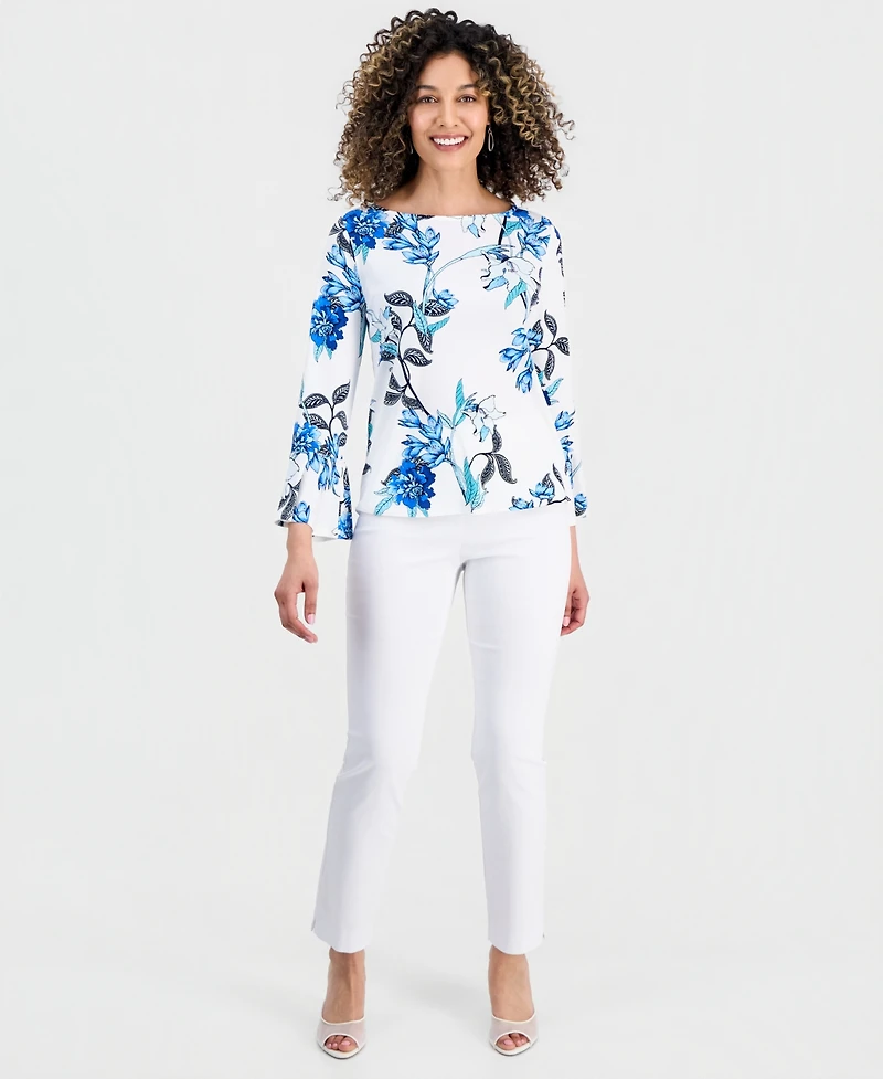 Jm Collection Petite Floral Flare-Sleeve Boat-Neck Top, Created for Macy's