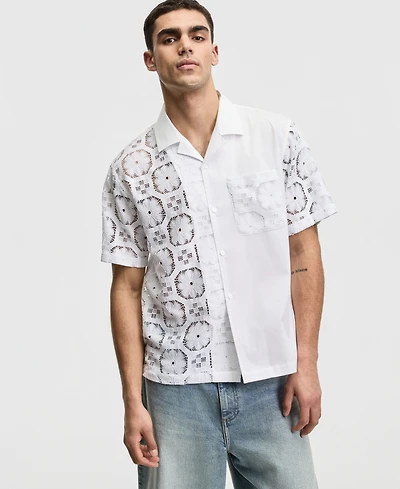 Mode of One Men's Relaxed-Fit Spliced Lace Short-Sleeve Shirt, Macy's Exclusive