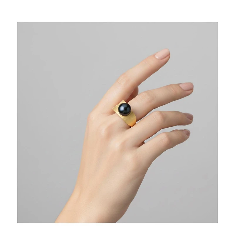 Chic Sterling Silver 14K Gold Plated with Genuine Freshwater Pearl Linear Ring