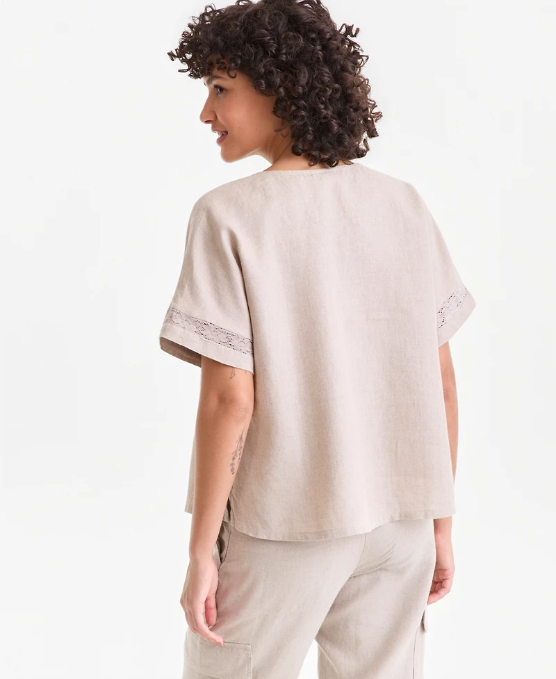 Charter Club Women's 100% Linen Eyelet-Trim Short-Sleeve Top, Macy's Exclusive