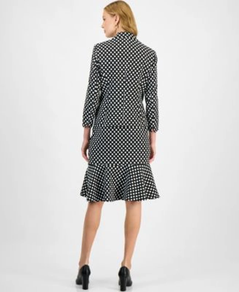Kasper Womens Polka Dot Jacquard Blazer Ruffle Trim V Neck Top Polka Dot Flared Hem Pencil Skirt Regular Petite