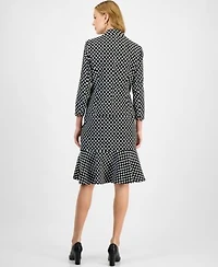 Kasper Womens Polka Dot Jacquard Blazer Ruffle Trim V Neck Top Polka Dot Flared Hem Pencil Skirt Regular Petite