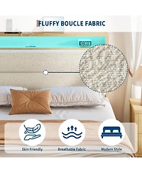 gaomon Cream Boucle Upholstered Bed Frame with Led Lights, Charging Station, 2-Tier Storage Shelves