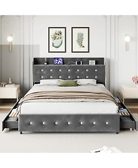 gaomon Upholstered Platform Bed Frame with Trundle & 4 Storage Drawers