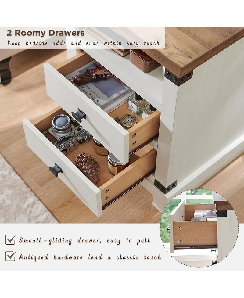 gaomon Set of 2 18 Inch Antique Farmhouse Nightstands, 2-Drawer Rustic Bedside Table with Charging Station