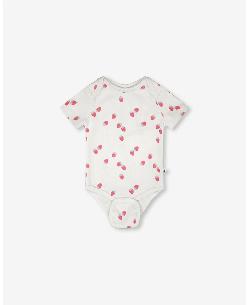 Draft - Deux par Baby Girls Evolutive Cotton Rib Jersey Onesie White Printed Strawberries