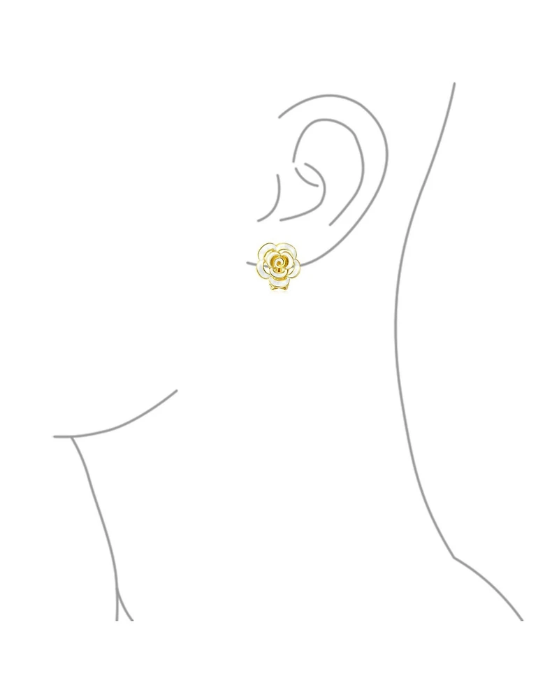 Bling Jewelry Fashion Enamel 3D White Rose Flower Stud Earrings Button Style For Non-Pierced Ears Gold Plated