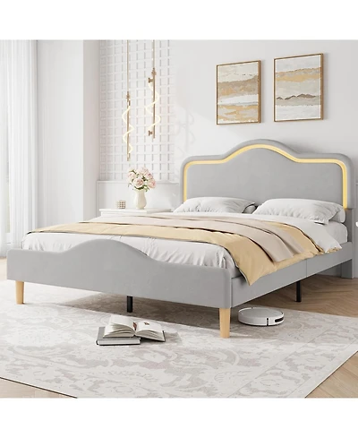 gaomon Queen Velvet Bed Frame with Led Headboard & Footboard, Princess Platform, Slat Support, Gray