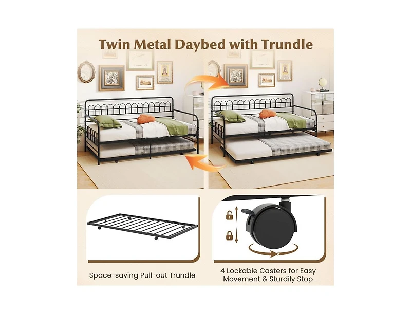 Draft - Slickblue Twin Metal Daybed with Curved Backrest and Armrests