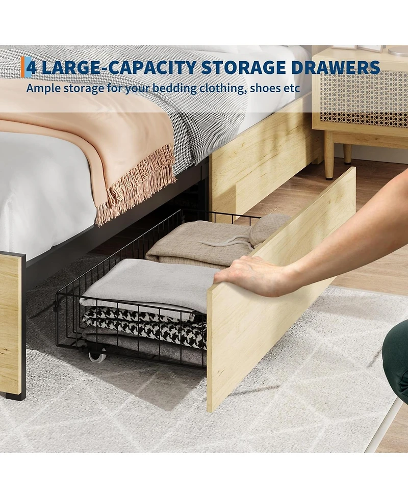 gaomon Full Boho Bed with Rattan Headboard, 4 Storage Drawers, Wood Slats, Metal Frame, No Box Spring Needed